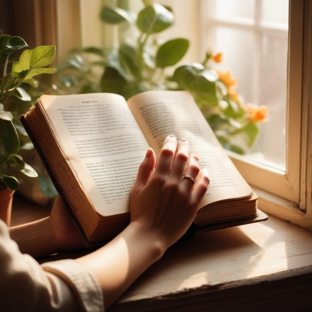 A beautifully composed intimate photograph showcasing a close-up of a person's hands gently holding a vintage book, with natural light filtering through a window illuminating the scene. In the background, blurred elements of a cozy room filled with personal mementos and potted plants to evoke a sense of storytelling. The focus on the details of the fingers and the texture of the book creates an emotional connection. super-realistic. warm colors. soft focus.